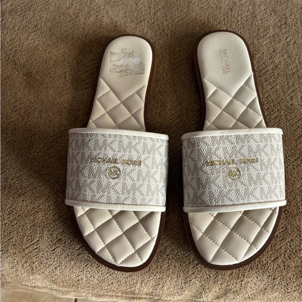 Michael Kors White and Brown Quilted Sandals